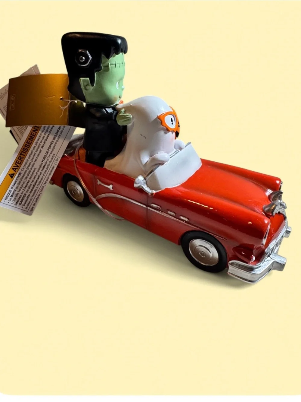 Light up halloween ceramic car with Frankenstein, pumpkin, black cat & ghost